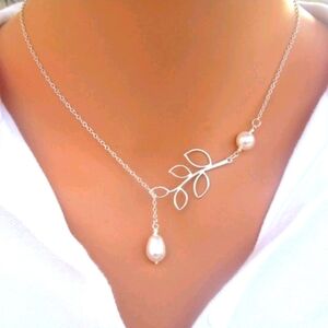 Olive Branch Leaf & Double Pearl Adjustable Necklace
